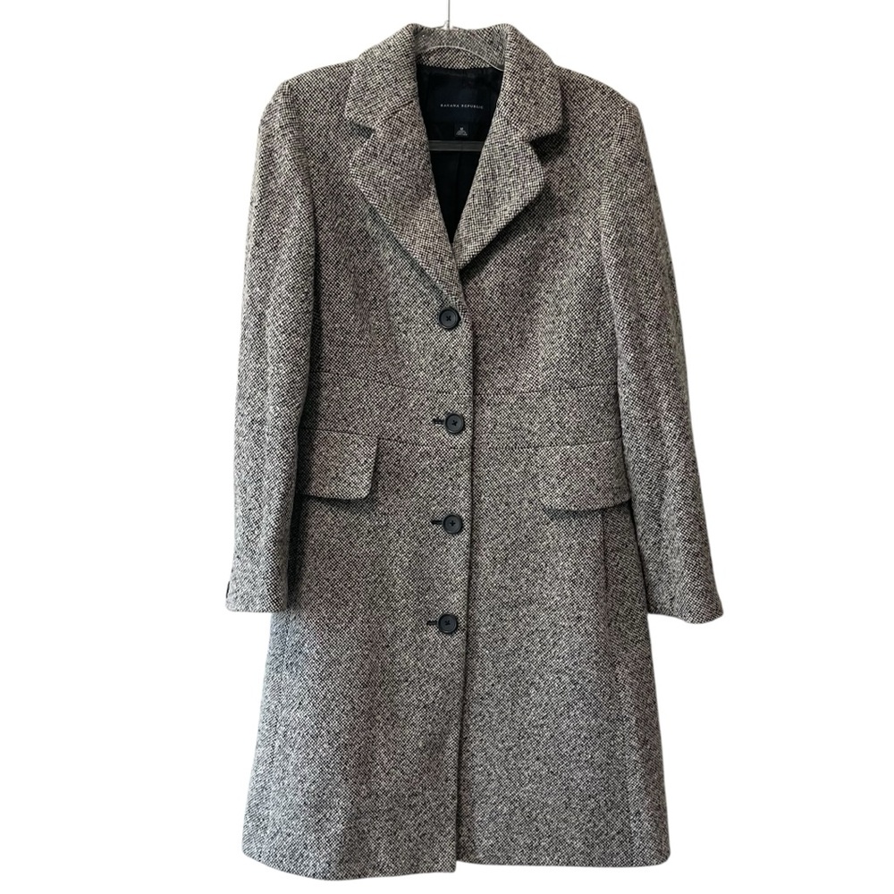 Banana Republic Tweed Wool Blend Notch Colar Long Sleeve Coat Black Ivory Size M - Picture 8 of 8
